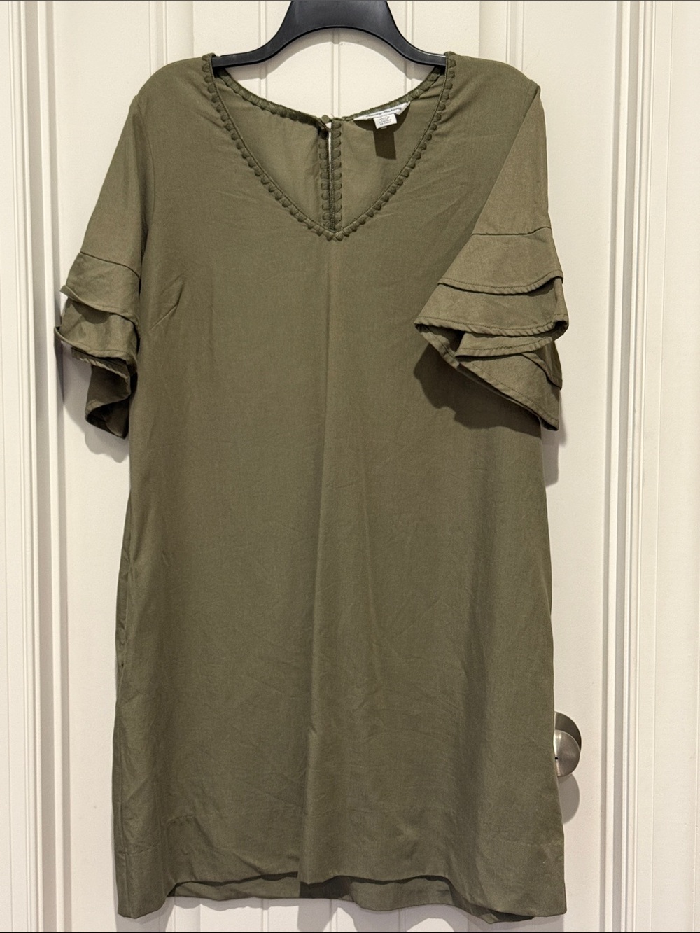 Tommy Bahama Olive Green V-Neck Midi Dress with Ruffle Sleeves